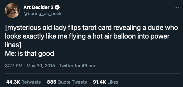 boring as heck tarot card balloon tweet