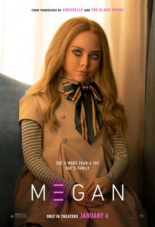 megan m3gan movie poster with nasty lil weird girl doll