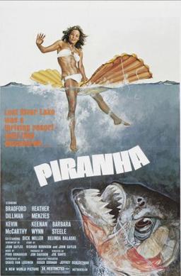 piranha 1970s movie poster with white bikini girl on it