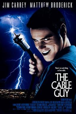 the cable guy poster jim carrey holding blue cable wire