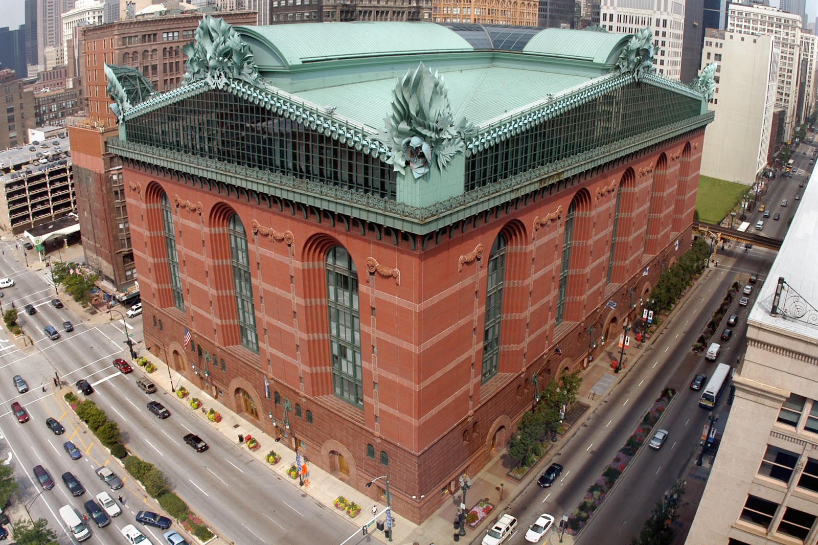 a chicago public library brand red brick green roof
