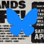 hands off poster with a bluesky logo on it