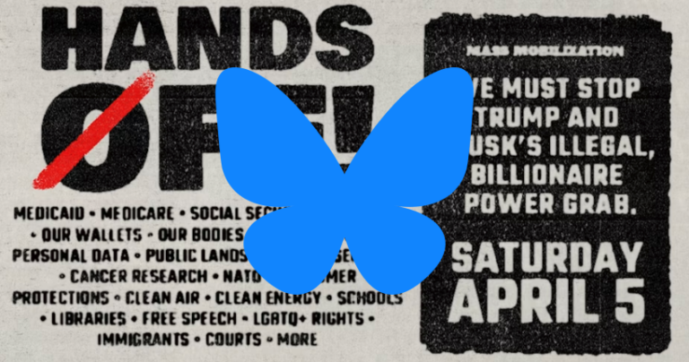 hands off poster with a bluesky logo on it